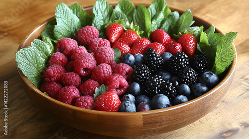 Overhead view of a wooden bowl filled with fresh mixed berries: strawberries, raspberries, blackberries, and blueberries, surrounded by green leaves, placed on a light wooden surface