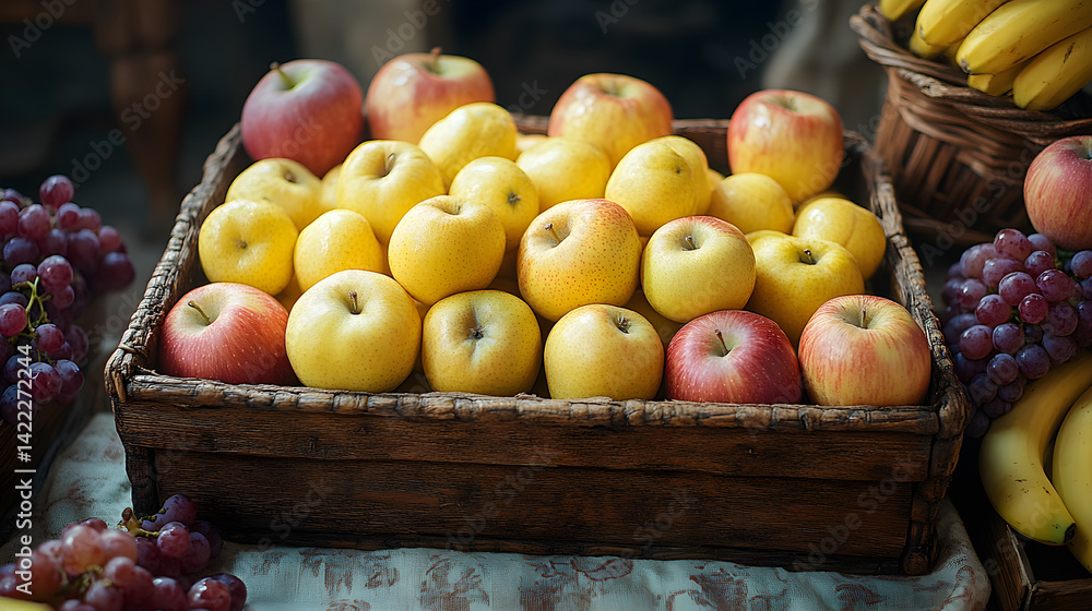 Wide shot of a rustic wooden basket filled with whole apples, grapes, and bunches of bananas, arranged on a vintage tablecloth with soft lighting illuminating the scene