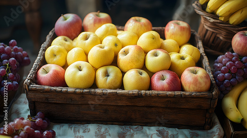 Obraz na płótnie Wide shot of a rustic wooden basket filled with whole apples, grapes, and bunches of bananas, arranged on a vintage tablecloth with soft lighting illuminating the scene w salonie