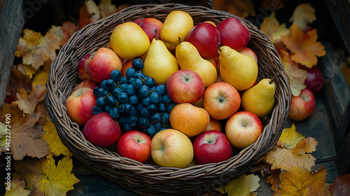 Obraz na płótnie Overhead view of a wicker basket filled with seasonal fruits: apples, pears, and grapes, set on a rustic table with autumn-colored leaves scattered around the basket w salonie