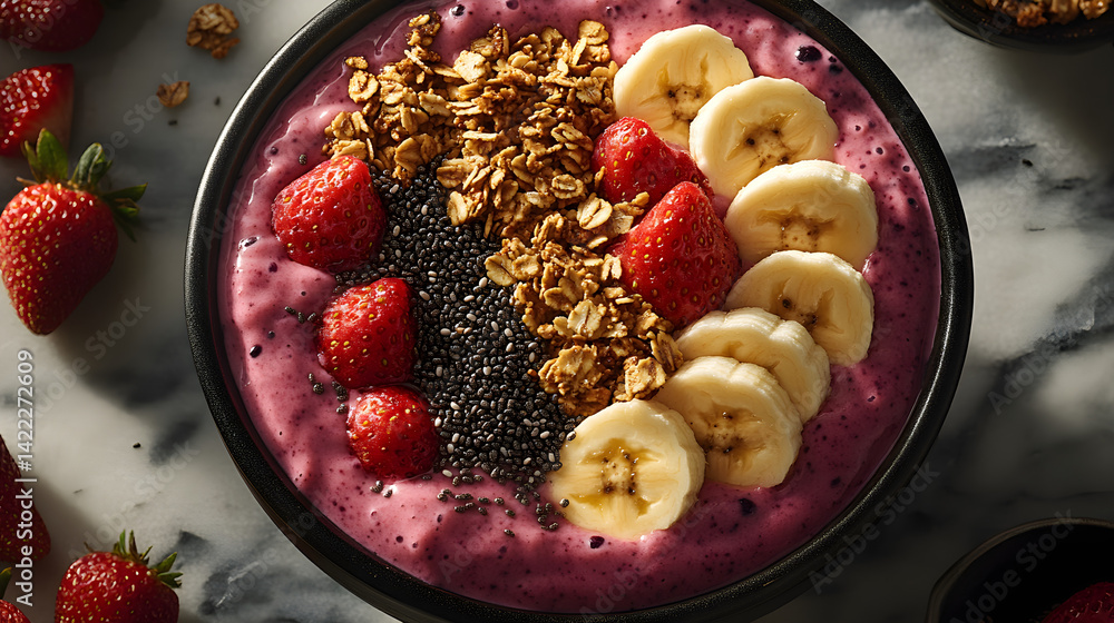 Overhead shot of a smoothie bowl filled with bright blended acai, topped with sliced bananas, strawberries, chia seeds, and a sprinkle of granola, set on a marble countertop