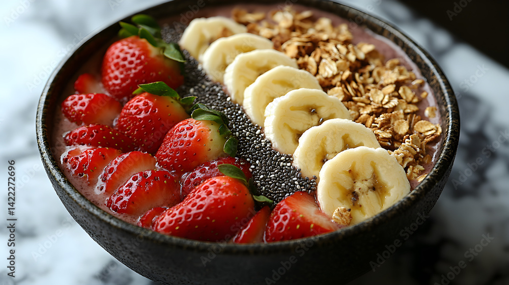 Overhead shot of a smoothie bowl filled with bright blended acai, topped with sliced bananas, strawberries, chia seeds, and a sprinkle of granola, set on a marble countertop