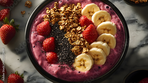 Obraz na płótnie Overhead shot of a smoothie bowl filled with bright blended acai, topped with sliced bananas, strawberries, chia seeds, and a sprinkle of granola, set on a marble countertop w salonie