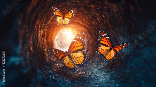 Butterflies emerging from tunnel towards sunset