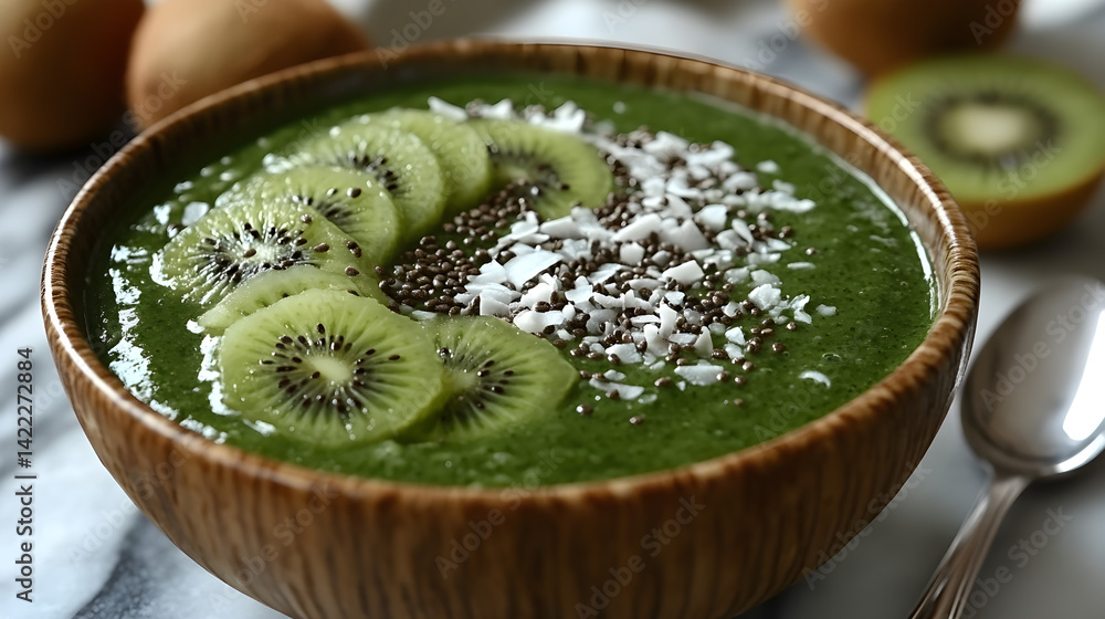 Overhead shot of a delicious green smoothie bowl, topped with kiwi slices, coconut flakes, and hemp seeds, with a spoon resting next to the bowl, placed on a marble surface