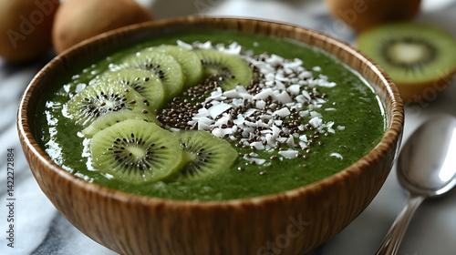 Obraz na płótnie Overhead shot of a delicious green smoothie bowl, topped with kiwi slices, coconut flakes, and hemp seeds, with a spoon resting next to the bowl, placed on a marble surface w salonie
