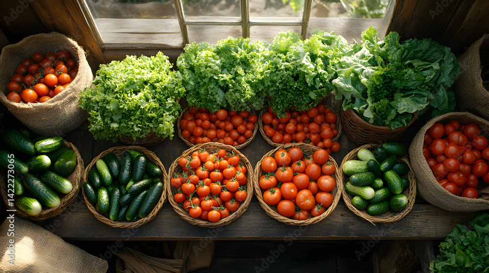 Overhead shot of a rustic wooden table filled with fresh farm produce: tomatoes, lettuce, carrots, and cucumbers, surrounded by burlap sacks and natural light streaming in