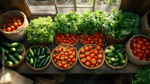Obraz na płótnie Overhead shot of a rustic wooden table filled with fresh farm produce: tomatoes, lettuce, carrots, and cucumbers, surrounded by burlap sacks and natural light streaming in w salonie