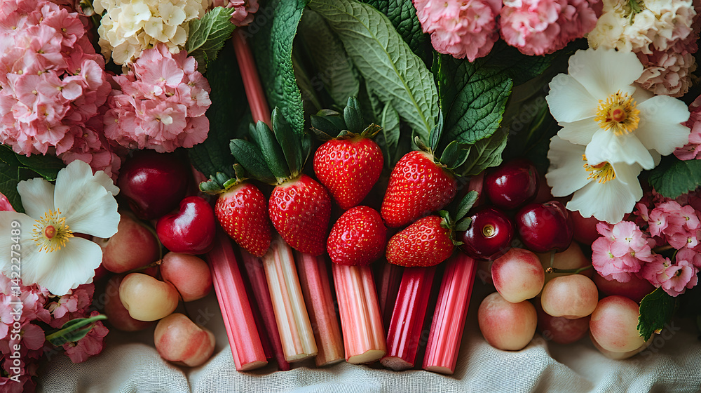 Springtime flatlay of fresh strawberries, cherries, and rhubarb arranged on a light linen napkin, surrounded by delicate flowers and soft, pastel-colored lighting
