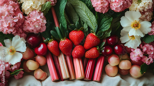 Obraz na płótnie Springtime flatlay of fresh strawberries, cherries, and rhubarb arranged on a light linen napkin, surrounded by delicate flowers and soft, pastel-colored lighting w salonie