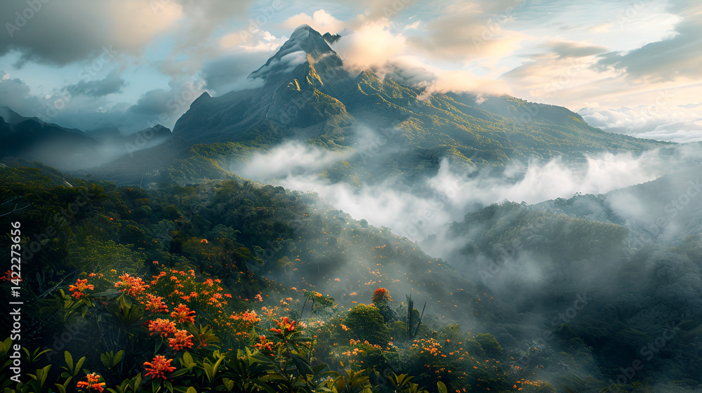 Fototapeta premium Mountain peak shrouded in mist with vibrant flowers in the foreground under a cloudy sky view scene .