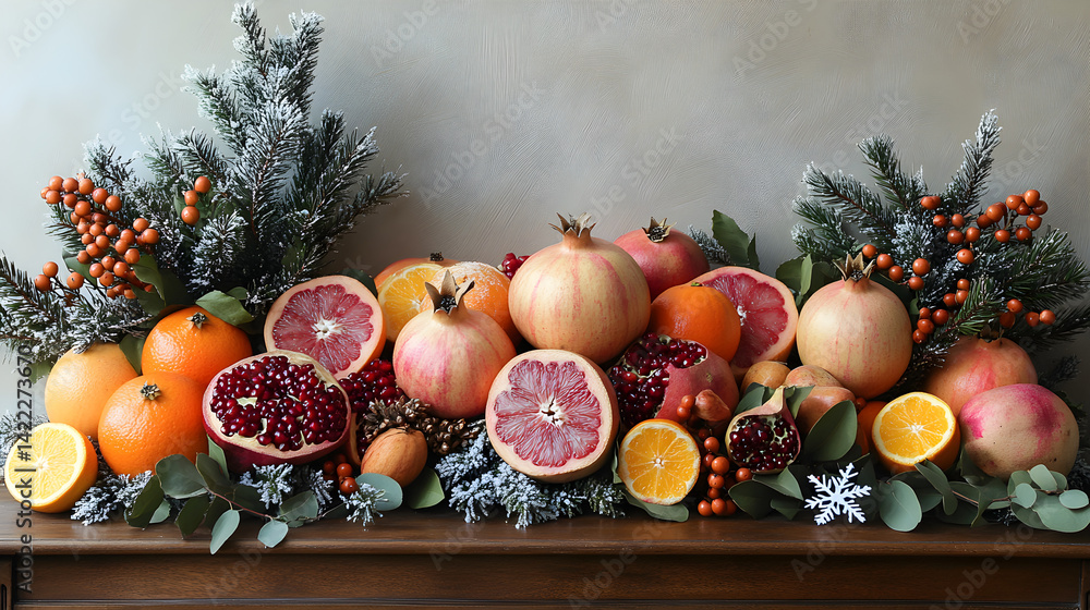 Winter-themed arrangement with whole pomegranates, citrus fruits like oranges and grapefruits, surrounded by pine branches and snowflakes on a wooden table, with soft natural light