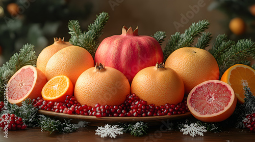 Obraz na płótnie Winter-themed arrangement with whole pomegranates, citrus fruits like oranges and grapefruits, surrounded by pine branches and snowflakes on a wooden table, with soft natural light w salonie