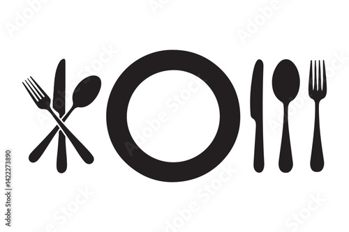 cutlery vector icon set. spoon, fork, knife, plate icon silhouette vector art illustration