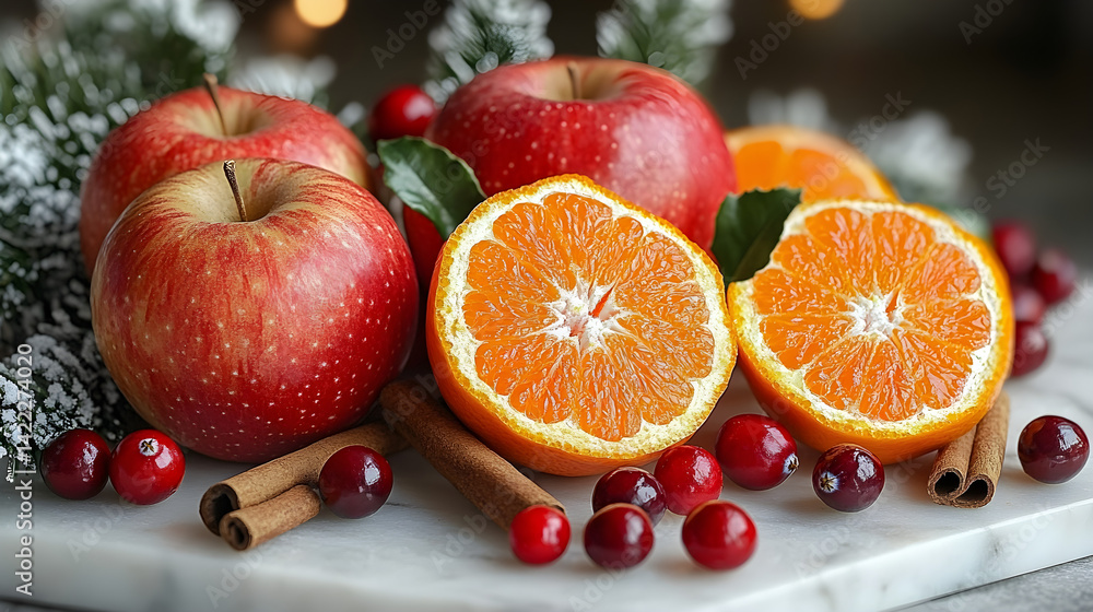 Winter fruit arrangement with red apples, clementines, and cranberries, set on a white marble surface with a touch of cinnamon sticks and a soft, cozy ambiance