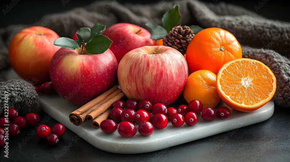 Winter fruit arrangement with red apples, clementines, and cranberries, set on a white marble surface with a touch of cinnamon sticks and a soft, cozy ambiance