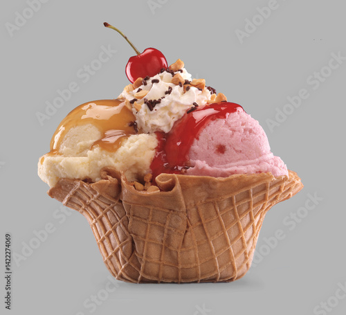 Flavors ice cream and cherry syrup on cookie big cone isolated on grey background.	