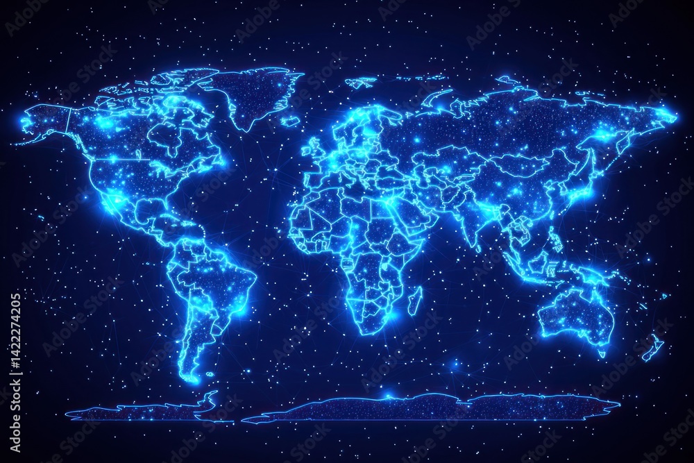 Glowing blue world map with illuminated country borders. Glowing blue world map with illuminated country borders.