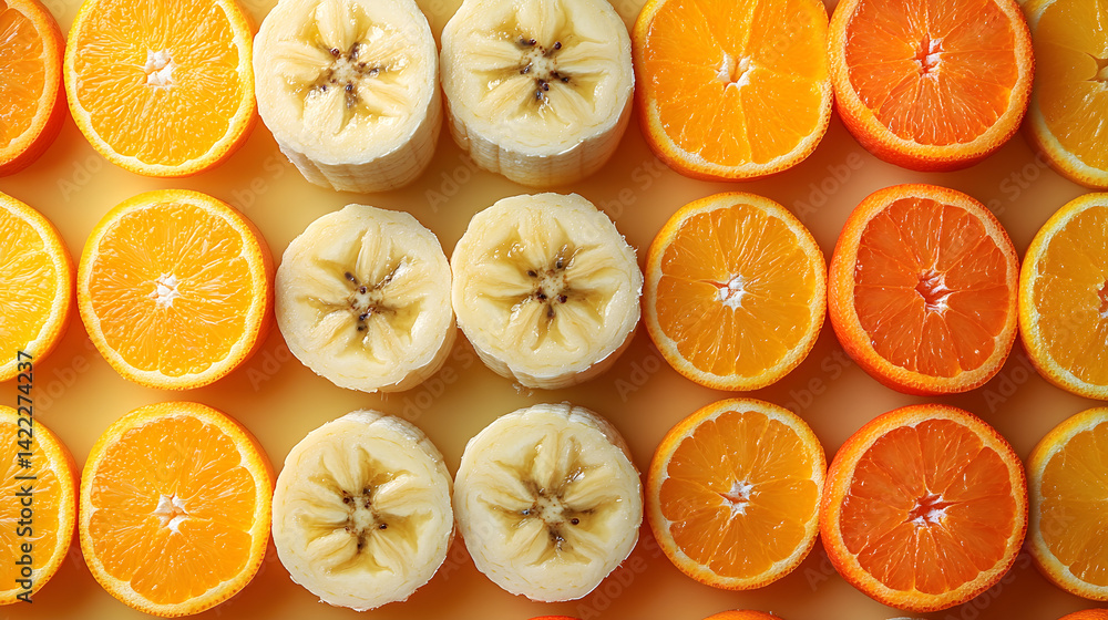 Overhead shot of a grid-like pattern made of whole fruits: bananas, apples, and oranges, with clean, symmetrical lines and bright, vibrant colors on a light background