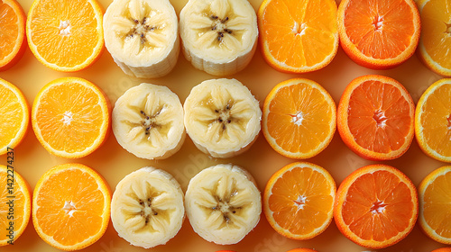 Obraz na płótnie Overhead shot of a grid-like pattern made of whole fruits: bananas, apples, and oranges, with clean, symmetrical lines and bright, vibrant colors on a light background w salonie