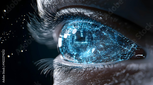 A futuristic eye with digital circuits. This image could be used for tech presentations science fiction artwork or themes related to AI.