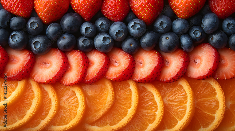 Overhead view of colorful, overlapping fruit slices: blueberries, strawberries, and orange segments, arranged in a loose, freeform abstract pattern on a pale background