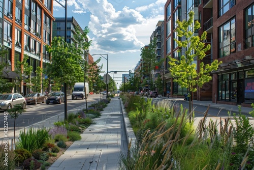 Fototapeta Naklejka Na Ścianę i Meble -  A view of a modern city street with lush greenery and integrated green infrastructure, A reimagined urban streetscape with integrated green infrastructure and pedestrian-friendly design