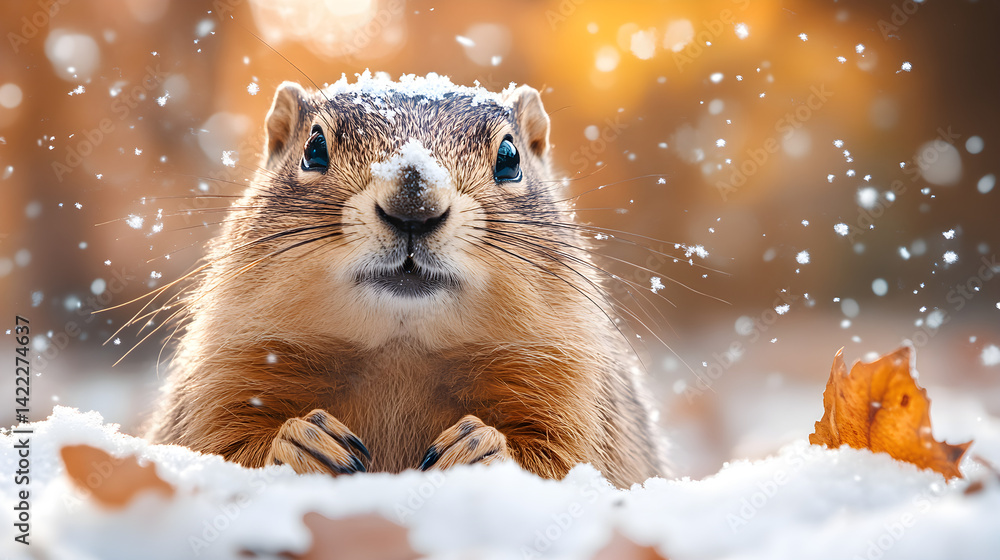 Winter landscape with groundhog peeking from snow-covered hole on Groundhog Day