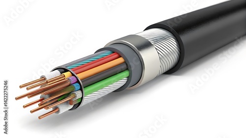 Unveiling the Fiber Optic Core: A detailed, high-resolution view of a cut fiber optic cable, exposing the intricate inner workings of modern telecommunications technology. 