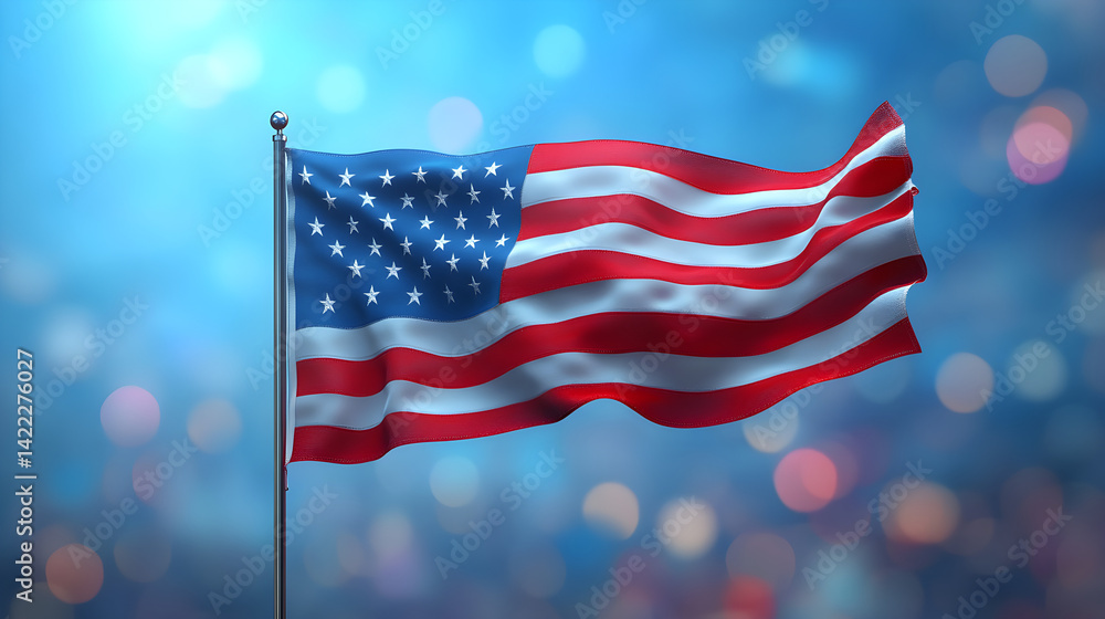 Memorial Day concept art with a gentle breeze moving the American flag over a clear gradient blue sky