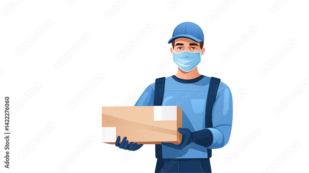Delivery man with mask holding package in blue uniform against black background isolated on transparent background Delivery man with mask holding package in blue uniform against black background isolated on transparent background