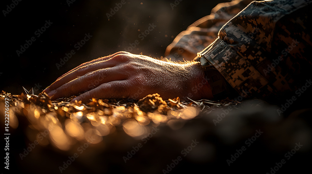 Veterans Day tribute with a soldier’s hand over the American flag stars under soft dramatic lighting