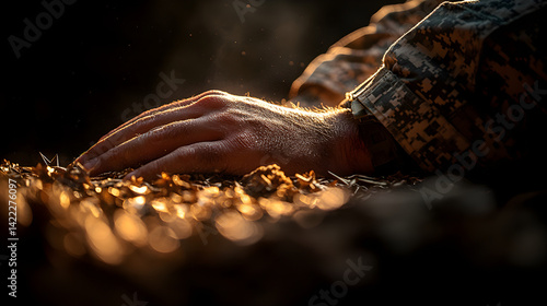 Obraz na płótnie Veterans Day tribute with a soldier’s hand over the American flag stars under soft dramatic lighting w salonie