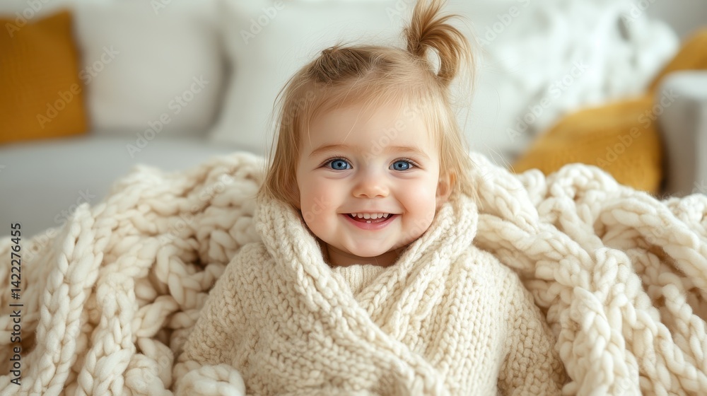 A joyful young girl wrapped snugly in a thick knitted blanket, radiating warmth and happiness, nestled in a cozy home environment, perfect for evoke feelings of comfort and love. A joyful young girl wrapped snugly in a thick knitted blanket, radiating warmth and happiness, nestled in a cozy home environment, perfect for evoke feelings of comfort and love.