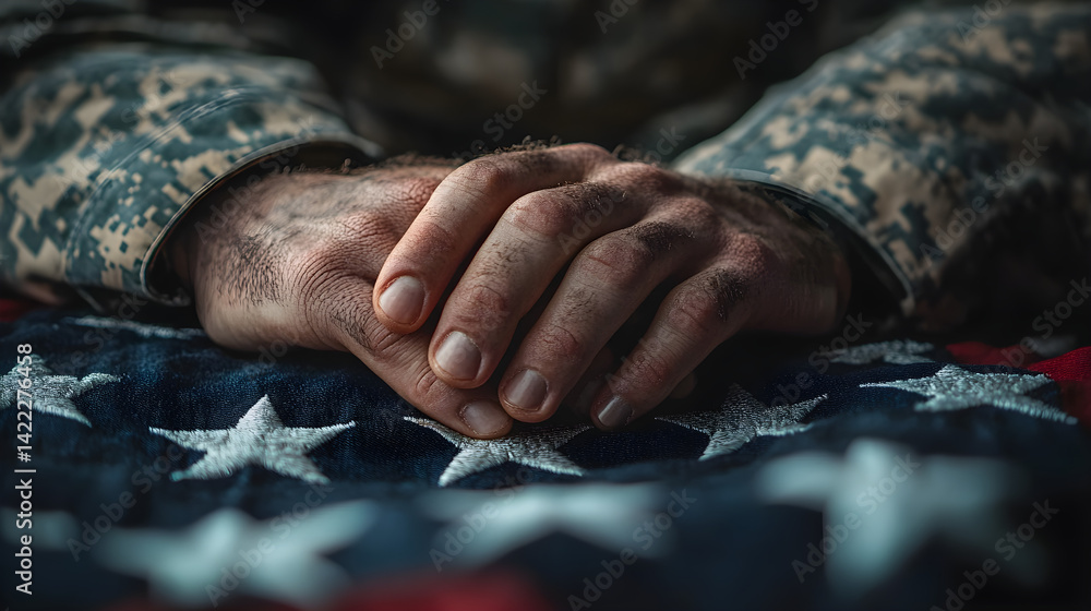 Veterans Day tribute with a soldier’s hand over the American flag stars under soft dramatic lighting --v 6.1