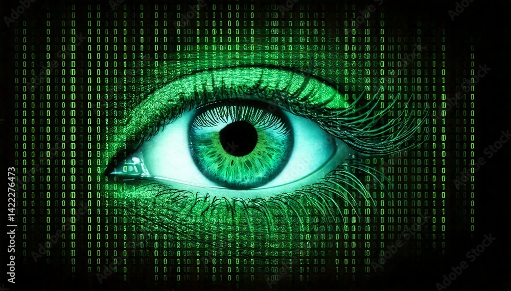 Obraz premium a digital eye with a green iris, with binary code flowing around it. The eye symbolizes surveillance, technology, and the digital world
