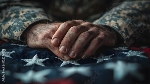 Obraz na płótnie Veterans Day tribute with a soldier’s hand over the American flag stars under soft dramatic lighting --v 6.1 w salonie