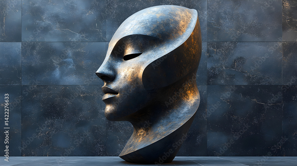 Mysterious sculpture lit by spotlight against a dark grey black wall textured background