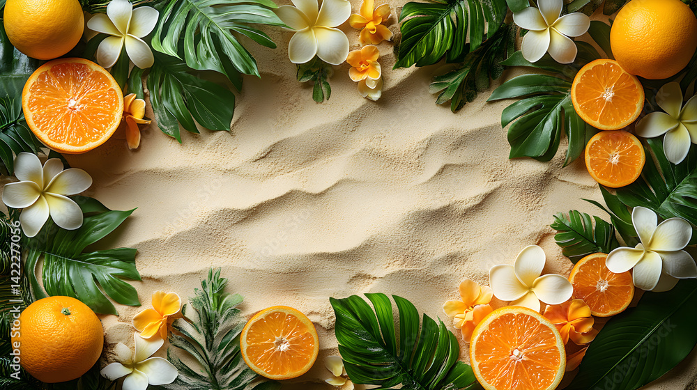 Tropical beach frame with palm leaves and fruits on sandy background for summer themes