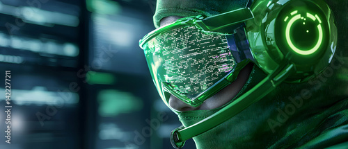 A futuristic hacker is immersed in a virtual reality environment. The image suggests applications in gaming cybersecurity and data analysis. It implies digital innovation and technological advancement