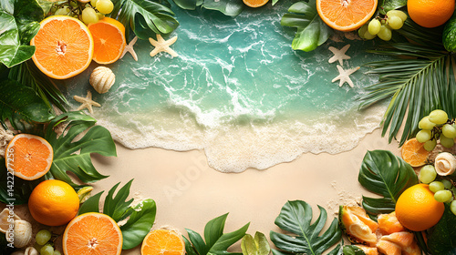 Tropical beach frame with palm leaves and fruits on sandy background for summer themes