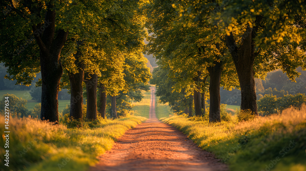 Symmetrical tree-lined path in a serene landscape, creating a sense of depth and tranquility