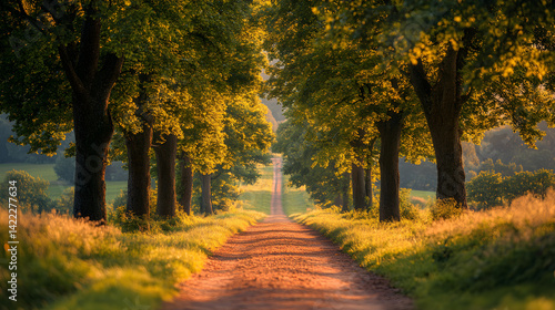 Obraz na płótnie Symmetrical tree-lined path in a serene landscape, creating a sense of depth and tranquility w salonie