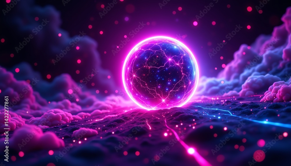 Vibrant neon sphere in a cosmic landscape. Vibrant neon sphere in a cosmic landscape.