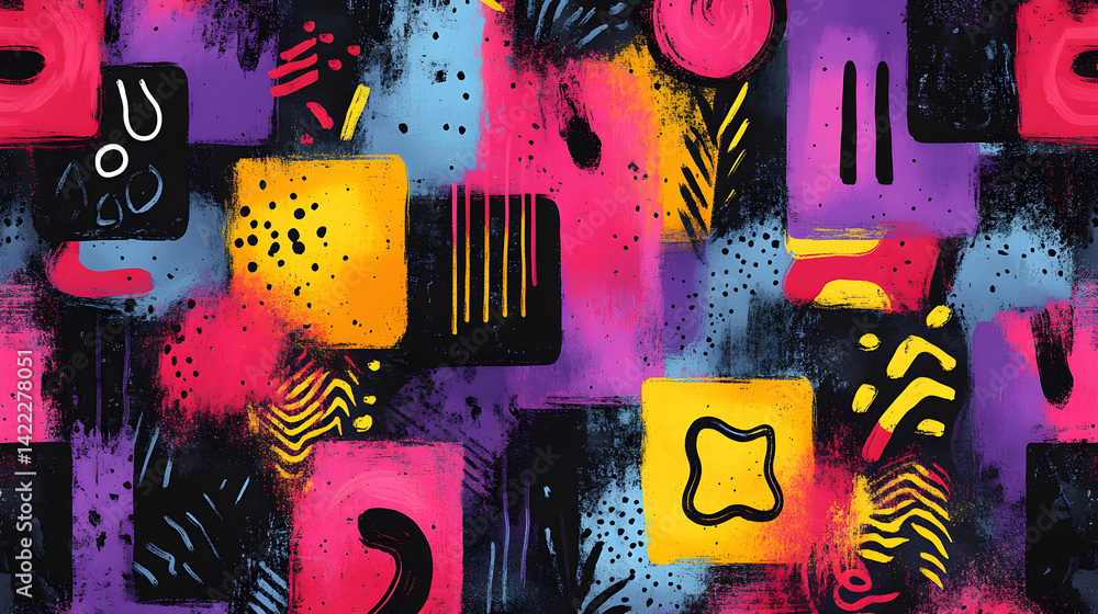 Vibrant abstract pattern featuring playful shapes in pink, purple, and yellow with bold outlines