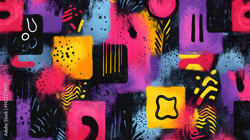 Obraz na płótnie Vibrant abstract pattern featuring playful shapes in pink, purple, and yellow with bold outlines w salonie