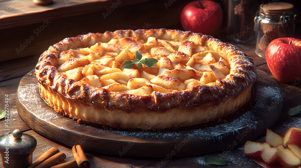 Warm apple pie on a rustic table with golden crust and cinnamon spice aroma