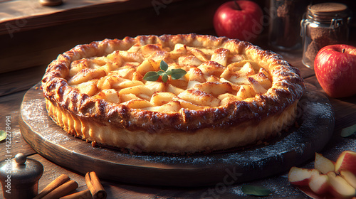 Obraz na płótnie Warm apple pie on a rustic table with golden crust and cinnamon spice aroma w salonie