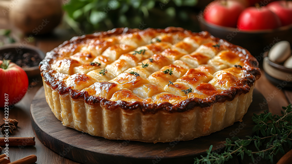 Warm apple pie on a rustic table with golden crust and cinnamon spice aroma