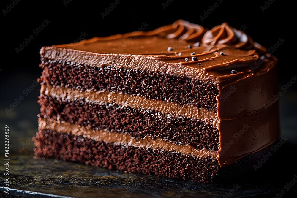 Rich dark chocolate cake slice with smooth frosting and dark moody lighting